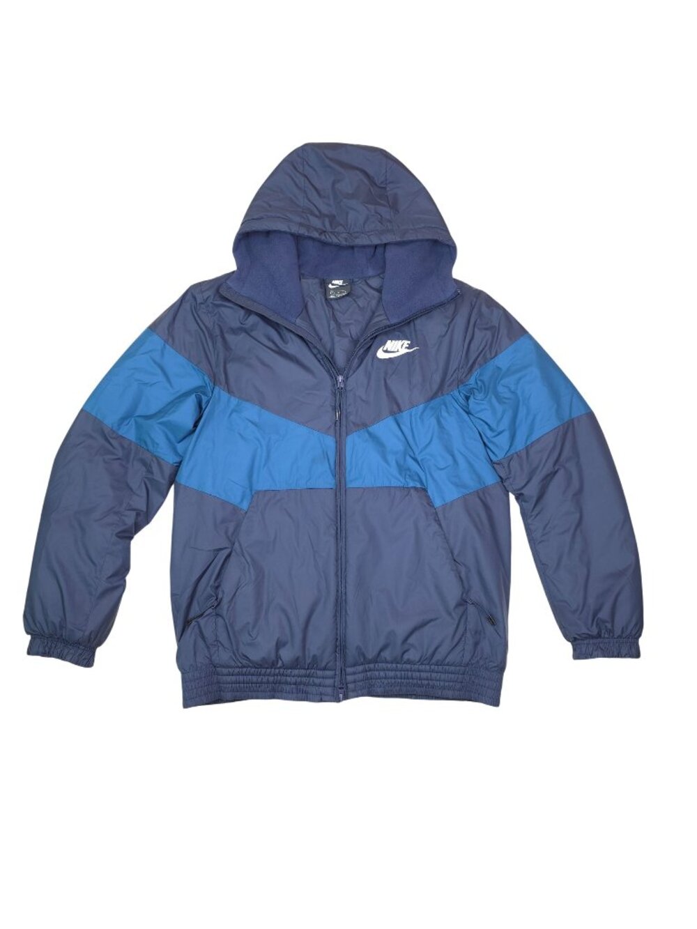 Nike Mens Hooded Winter Jacket Coat Medium Zip Pockets Full Zip Blue & Navy
